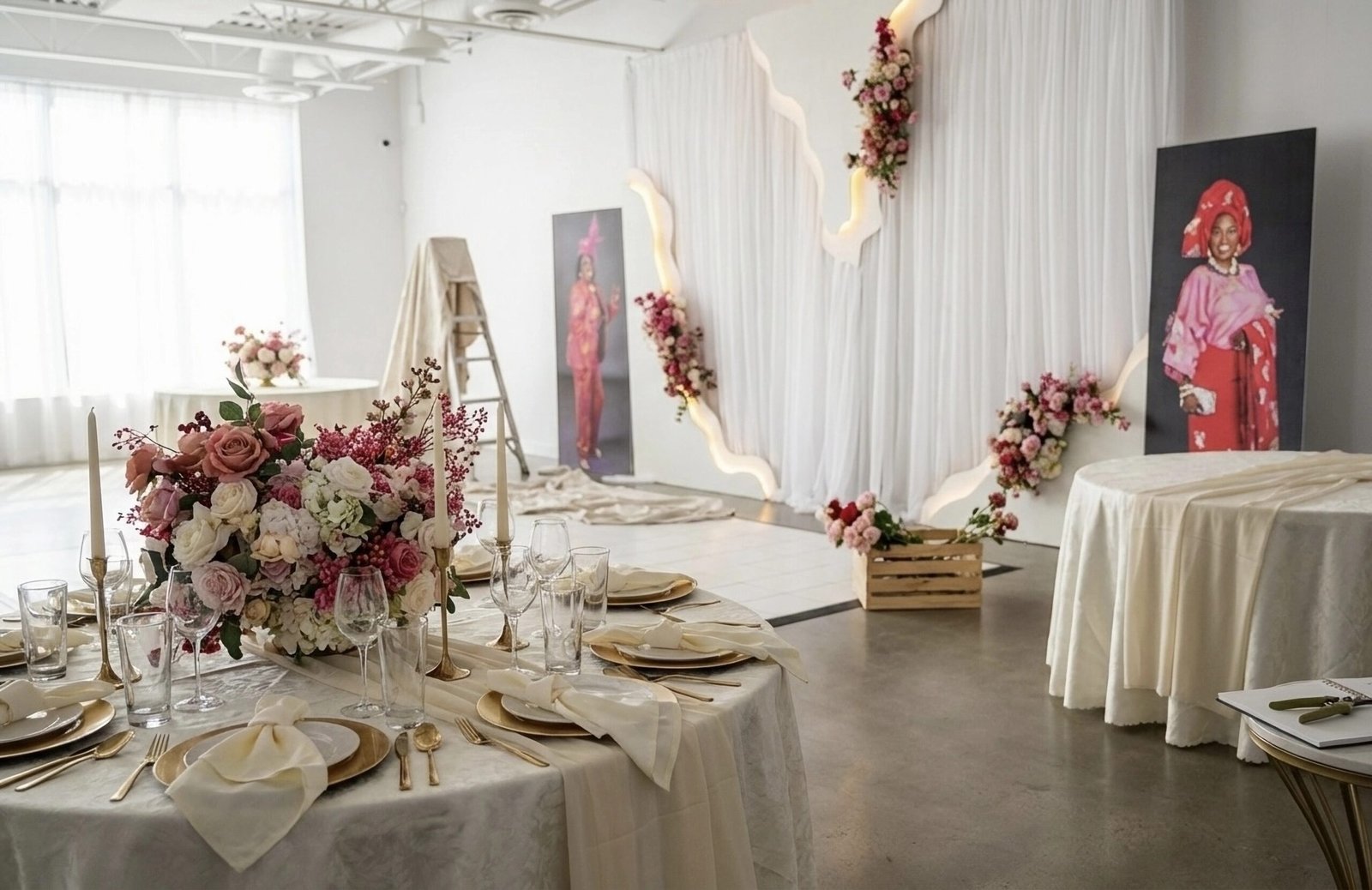 Elegant event design - styled tablescape with florals, candles, and elegant place settings showing complete design vision