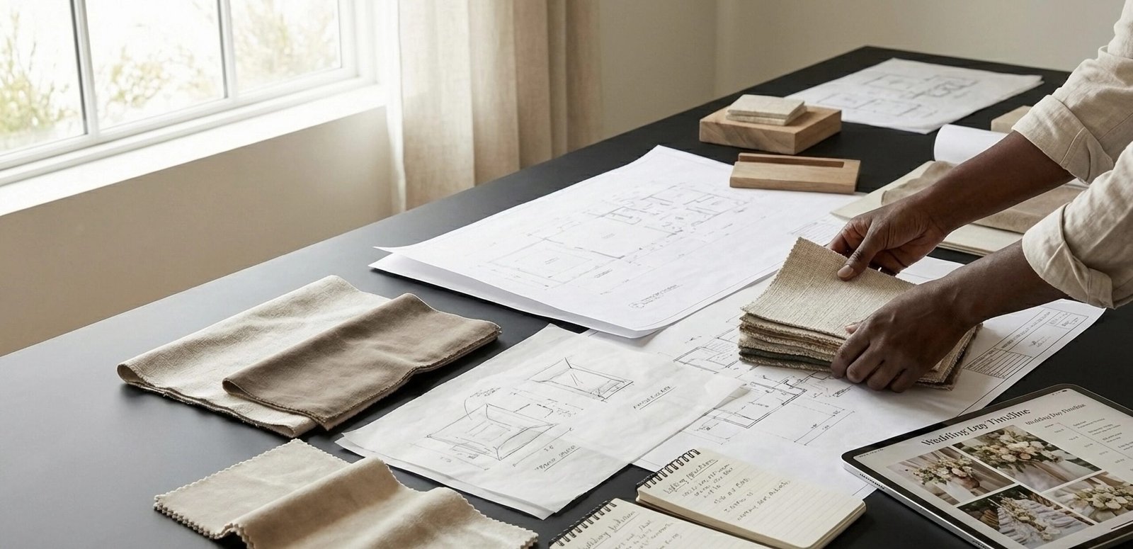 Event floor plan sketch beside the finished setup - split image showing design to execution