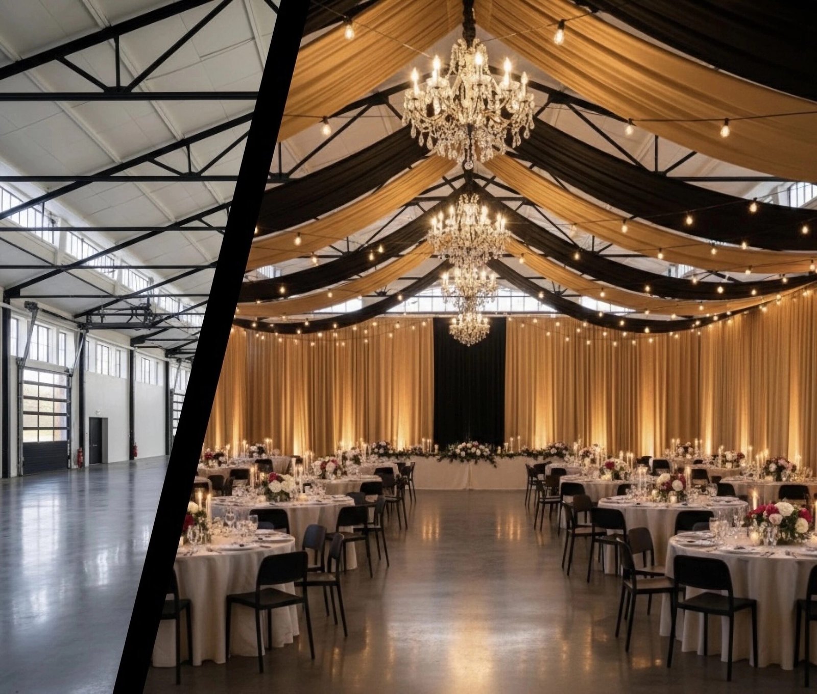 completely transformed event space with architectural lighting and decor